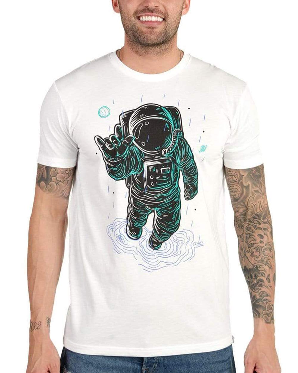 INTO THE AM Universal Love Glow in The Dark T-Shirt - Cool Astronaut Design Tees for Men (White, 3X-Large)