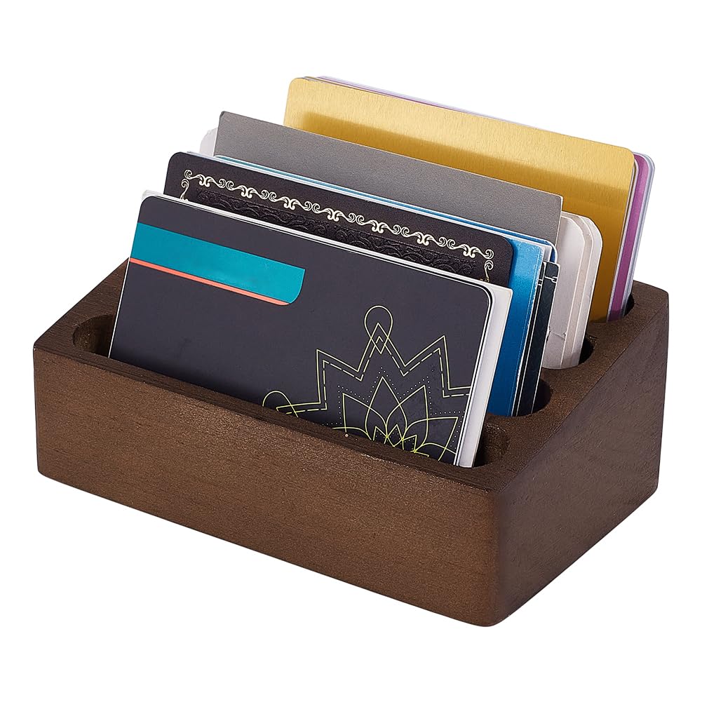 FINGERINSPIRE Wooden Business Cards Holder for Desk 4 Cards Slots Business Card Display Stand 115x72x46mm Coconut Brown Wood Place Card Holder Name Card Display Holders for Office Home Exhibition