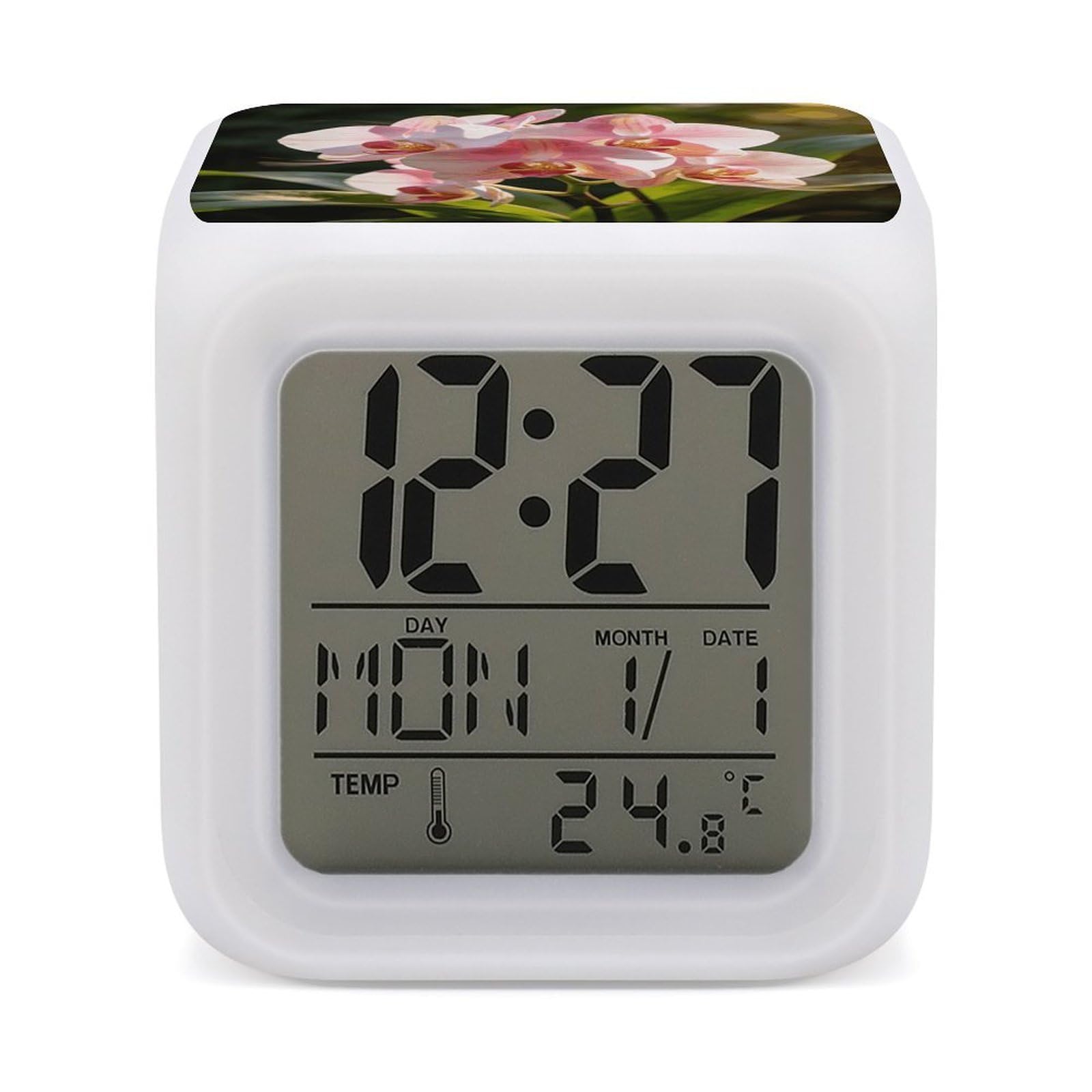LZQPOEAS Orchid Blossom Alarm Clock with 7 Color Changing Nightlight for Bedroom Calendar Temperature Display Wake Up Digital Clock Small Desk Clocks for Heavy Sleepers Adults
