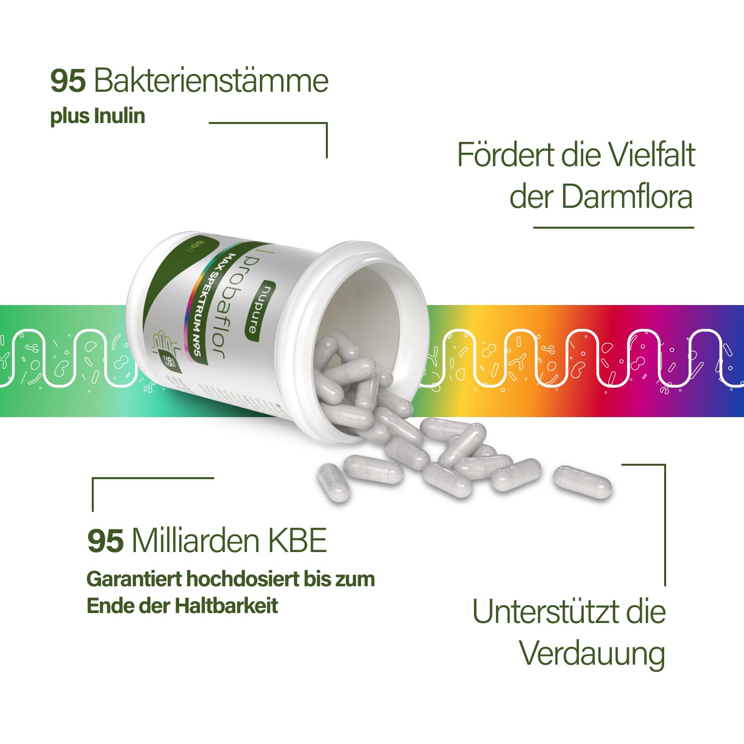 Nupure® Probaflor MAX SPEKTRUM N95 – 600 Mrd. KBE/g, 95 Bakterienstämme, mit Lactobacillus, Inulin & Bifidobakterien, 95 Mrd. KBE, magensaftresistent, 80 Kapseln