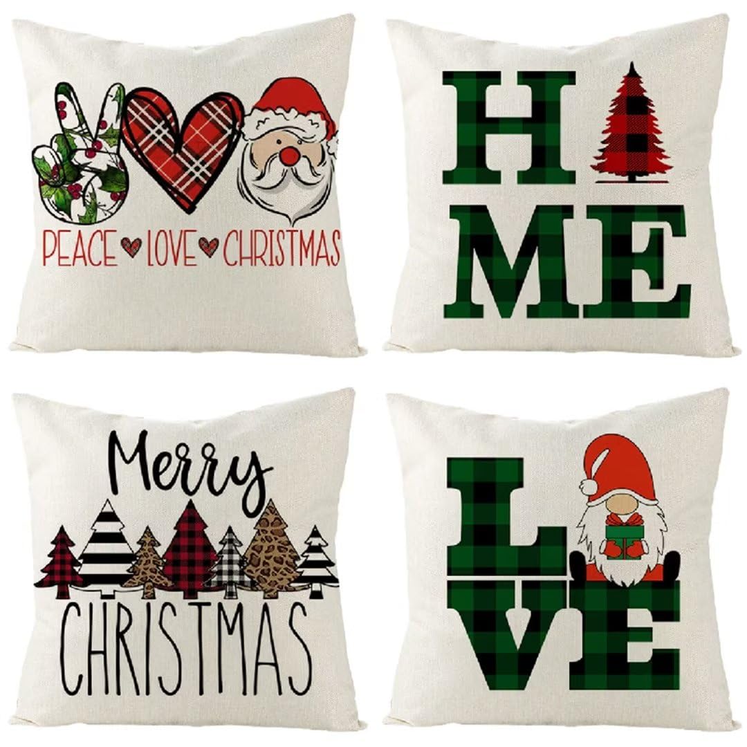 Funda de Almohada 55x55 cm Feliz Navidad Fundas Cojines Sofa Juego de 4 Funda Cojin Super Suave Almohadones Cojín, Patchwork Funda Cojines con Cremallera Oculta para Sala de Estar Sofá Dormitorio R482