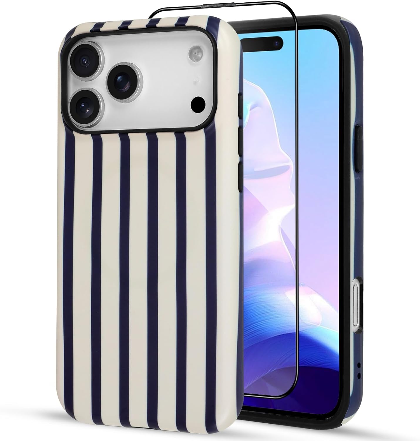 SOKAD Magnetic Vertical Stripes Phone Case for iPhone 17 Pro Max, Cute Navy Blue Striped Line Pattern Compatible with Magsafe Matte Protective Case Cover with Screen Protector for Girls Women - Image 2
