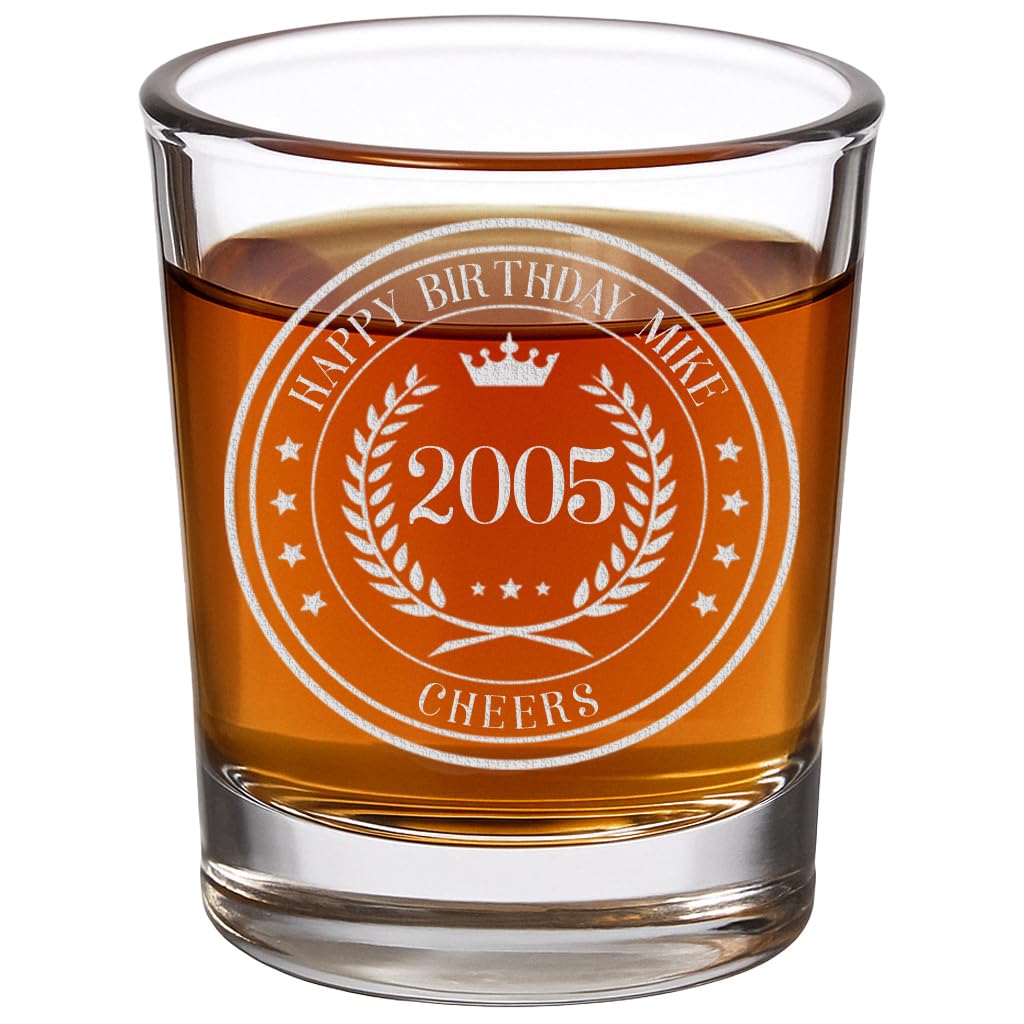Personalised Vintage 21st Etched 2.5oz Shot Glass – Custom 2005 Happy 21st Birthday Gifts, Customized Decor, Turning 21 Year Old, Party Favors, Finally 21 Best Gift Idea Son Circle