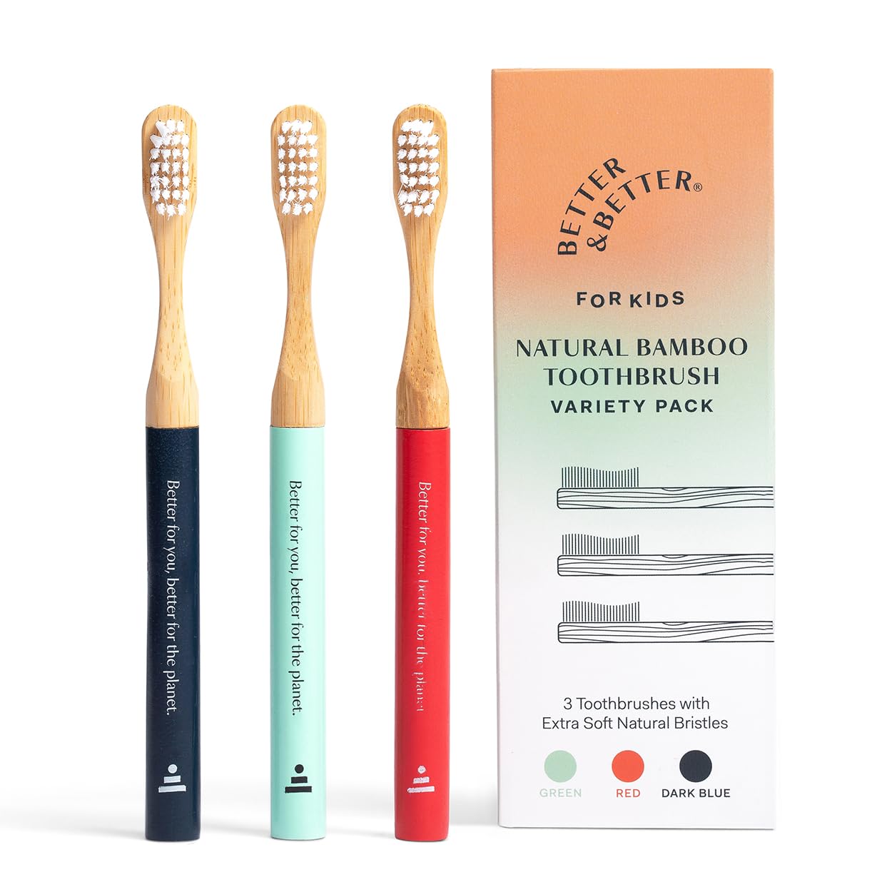 Better & Better Cepillo de dientes de bambú natural para niños, cepillo de dientes de cerdas extrasuaves, 100% a base de plantas, mango reutilizable, cabezal de cepillo reemplazable, ecológico, cero
