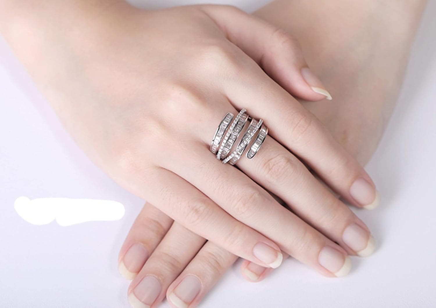 Friendship Rings, Ring Women White Round Baguette Diamond 18K White Gold Hollow Carved Design Wedding Ring for Women