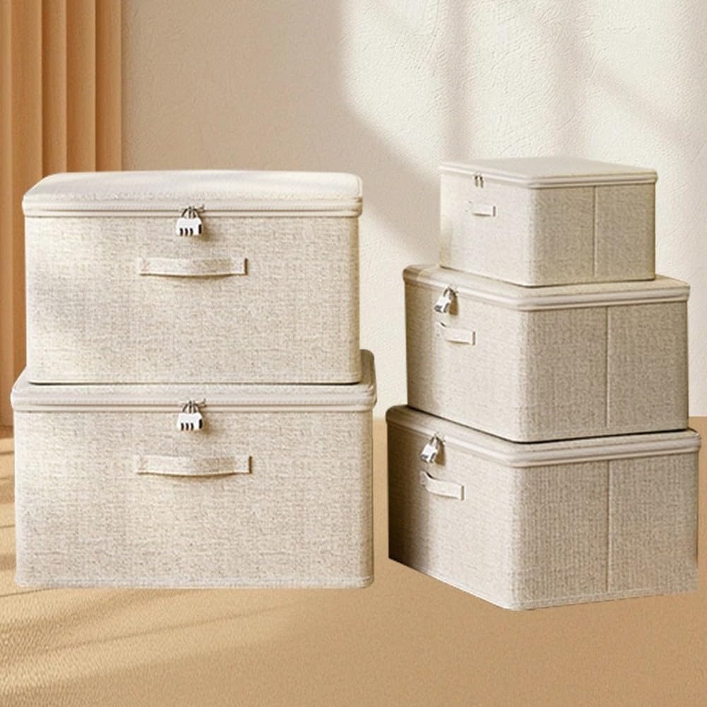 Caja de almacenamiento, 1 paquete organizador de tela, contenedor plegable para ropa, suéteres, colchas, contenedor apilable de lino de algodón con tablero reforzado, organización del hogar que ahorra