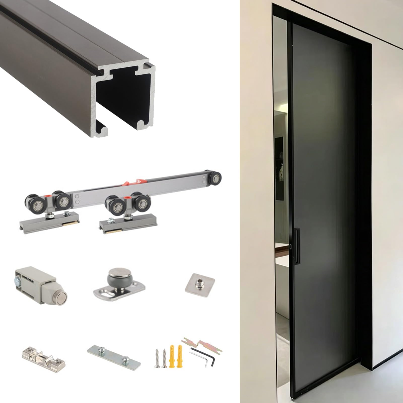 Silent Soft-Press Sliding Door Track Hardware, Push Open Pocket Door Rail Set for Bedroom, Modern Invisible Glass Bypass Door Track System(Bronze,9.2ft/2.8m)
