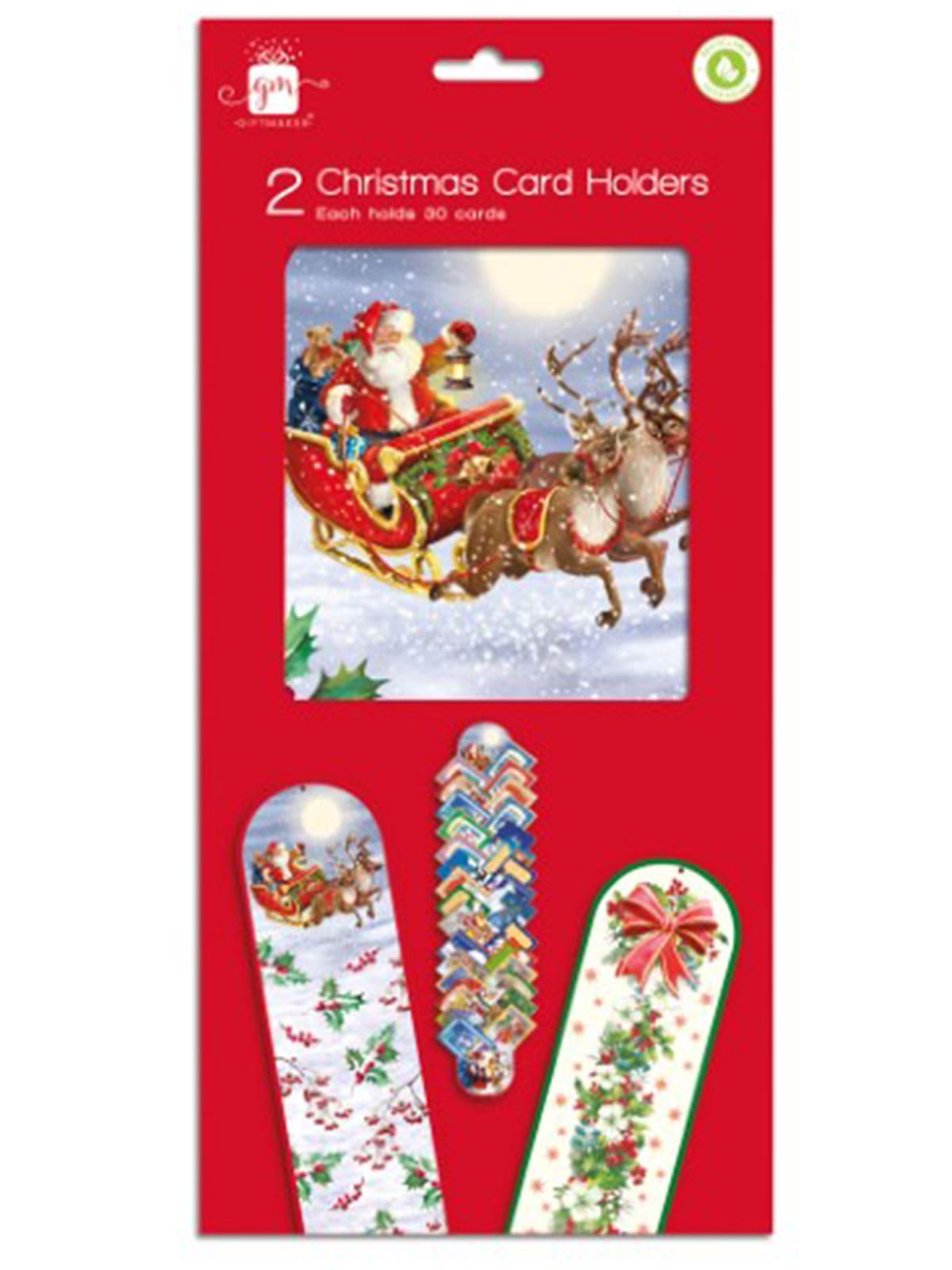 Giftmaker Multicolor Pack 2 Wall Hanging Christmas Card Holders Traditional Santa & Sleigh And Xmas Floral Design