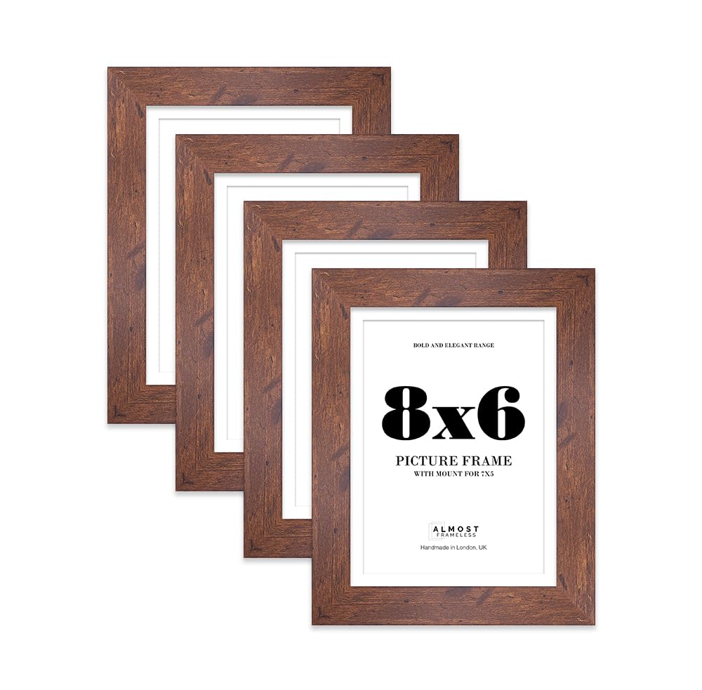 8x6 Rustic Wood Frame With Mount for 7x5 Pictures 28mm Edge Portrait and Landscape Display with Wall Hooks and Kickstand, 4 Pack