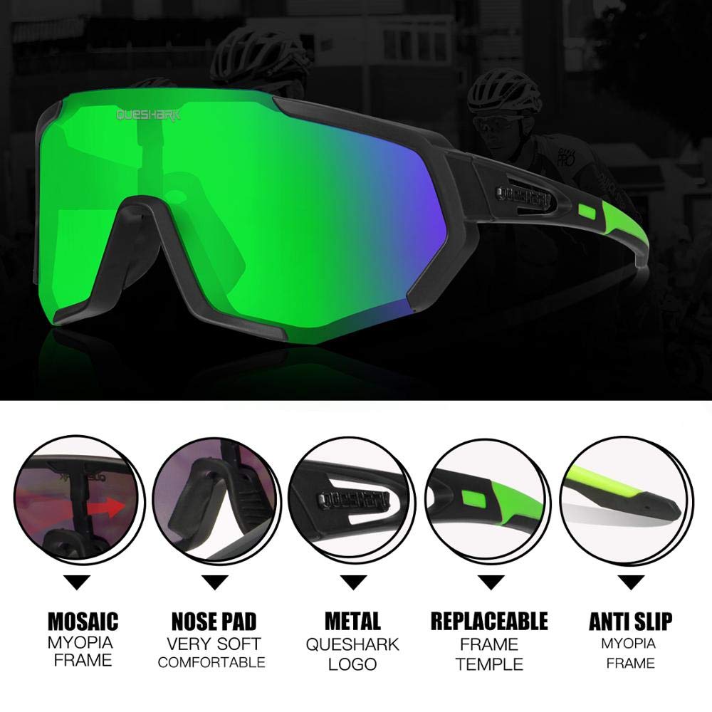 Queshark Occhiali da Ciclismo Polarizzati per Ccchiali TR90 con Montatura per Uomo Donna con 3 Lenti Intercambiabili Anti-UV400