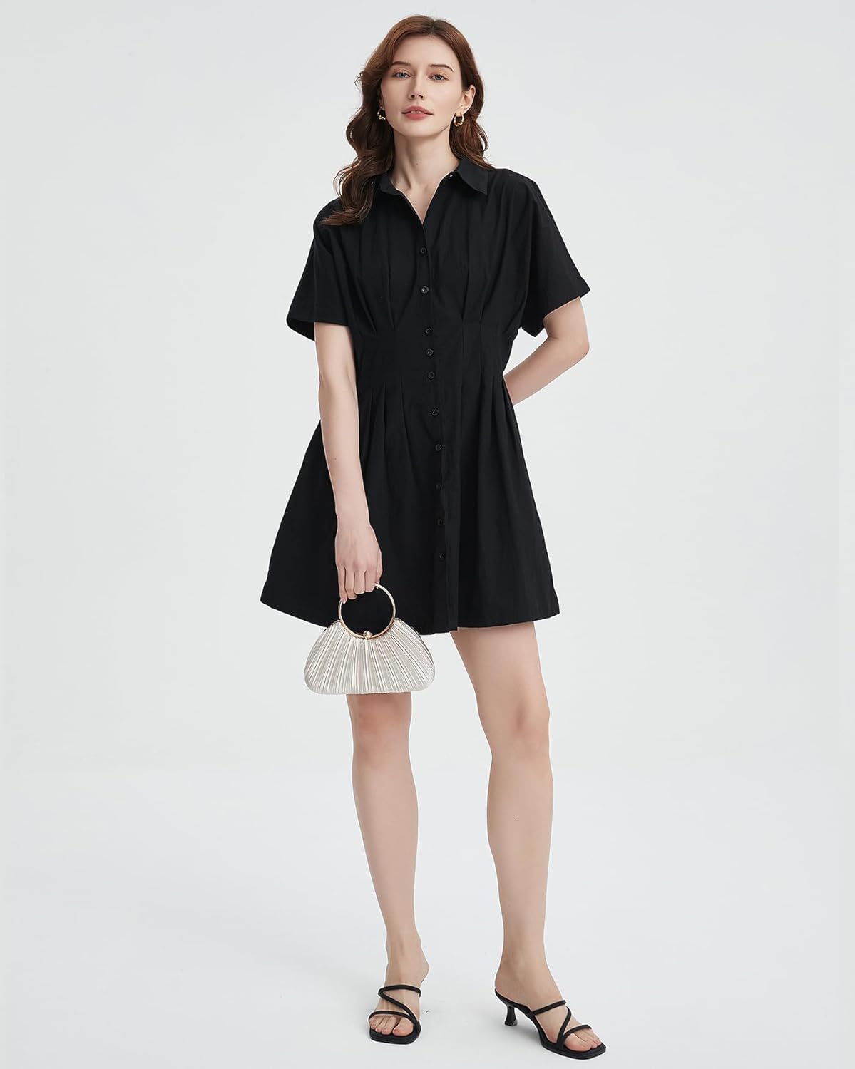 Women's Button Down Pleated Shirt Dress Short Sleeve Corset Waist Striped Summer Causal Mini Dresses - Image 5