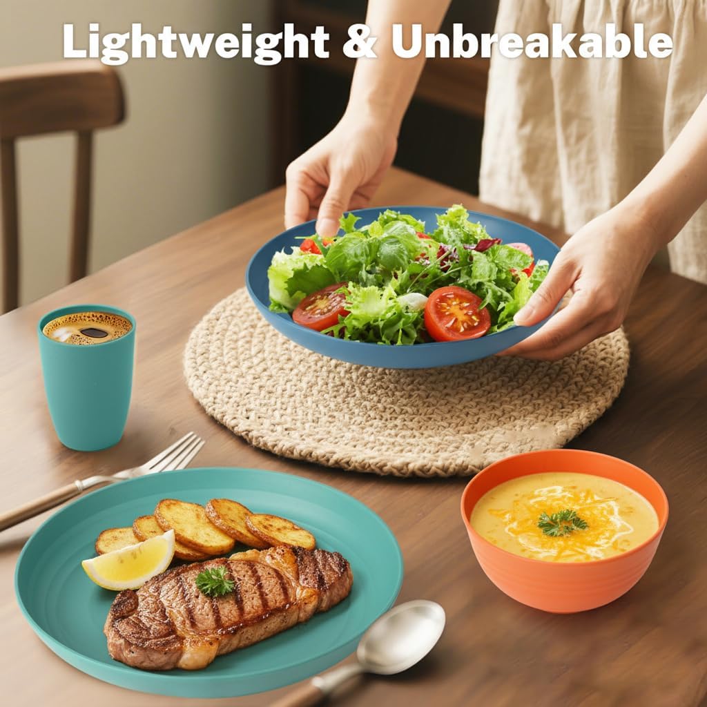 Wheat Straw Dinnerware Sets for 8, Unbreakable Plates and Bowls Sets for 8, 32-Piece Dishes Set, Microwave Safe Plastic Plates Reusable, Cups and Bowls Sets for Kitchen, Outdoor - Multi - Image 5