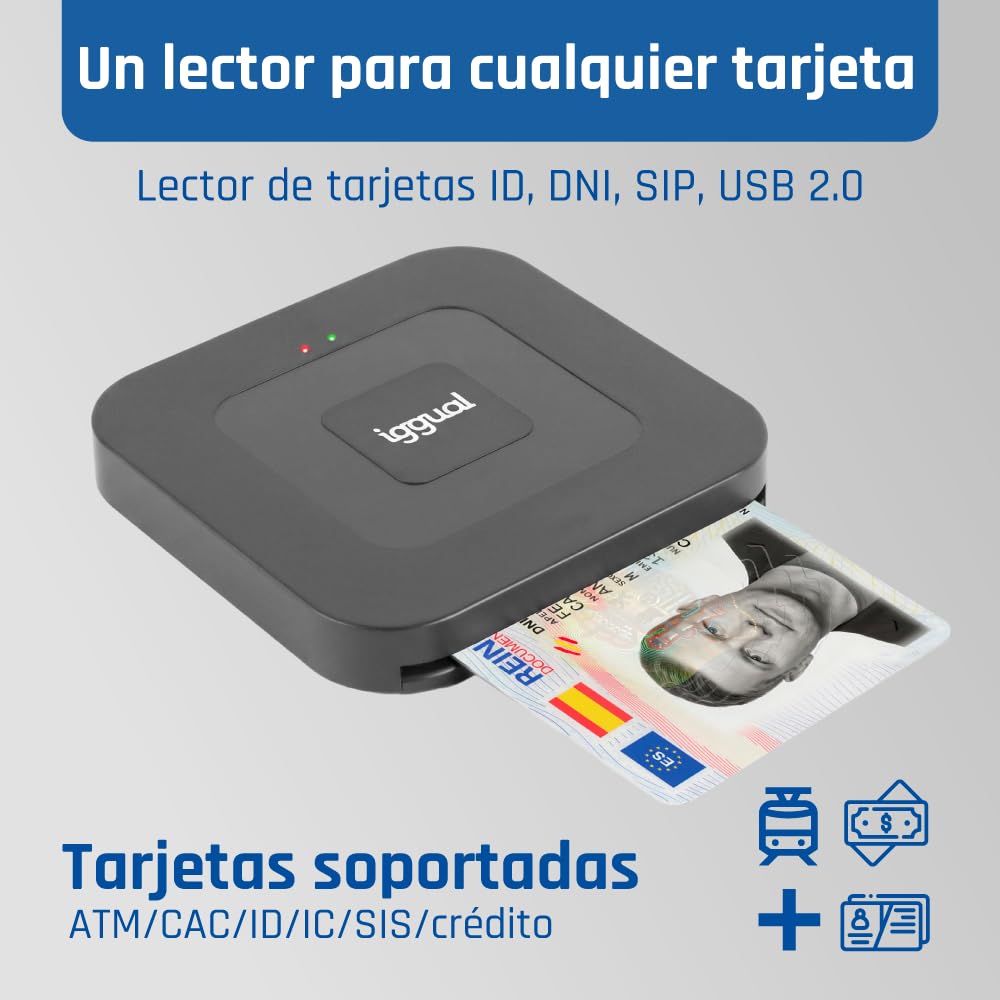 Iggual Lector DNI Electrónico y Tarjetas Inteligentes - Conexión Entrada Tipo C - Admite Cables de Salida USB-A y USB-C - Compatible DNIe 4.0 - Velocidad de Lectura 420 kbps - Windows, macOS y Linux