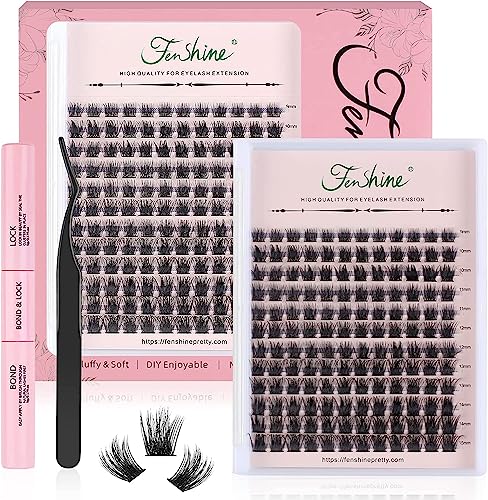 Cluster Lashes Extensions Kit, 144 Pcs Individual Lashes Extension Kit with Lash Bond & Seal and Applicator, Wide Stem D Curl Mix 9-15mm Length DIY Eyelash Extension Individual False Lashes
