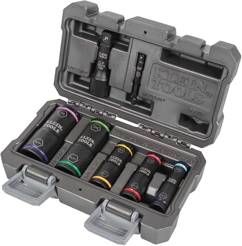 66070 Impact Socket Set, Five Impact Driver Flip Sockets with 1/4-Inch Hex and 1/2-Inch Square Adapters, 7-Piece