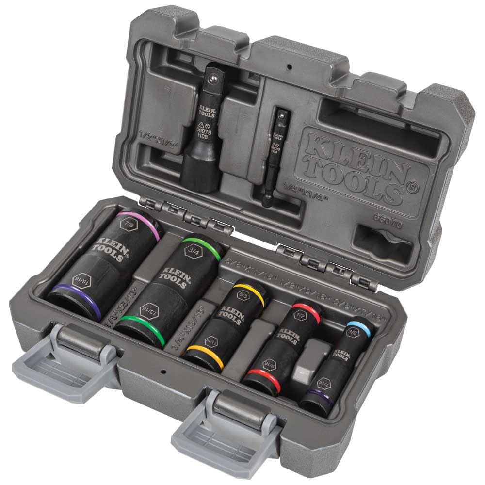 Klein Tools Juego de llaves de impacto – 5 enchufes, adaptadores hexagonales de 1/4 pulgadas y cuadrados de 1/2 pulgada, 7 piezas