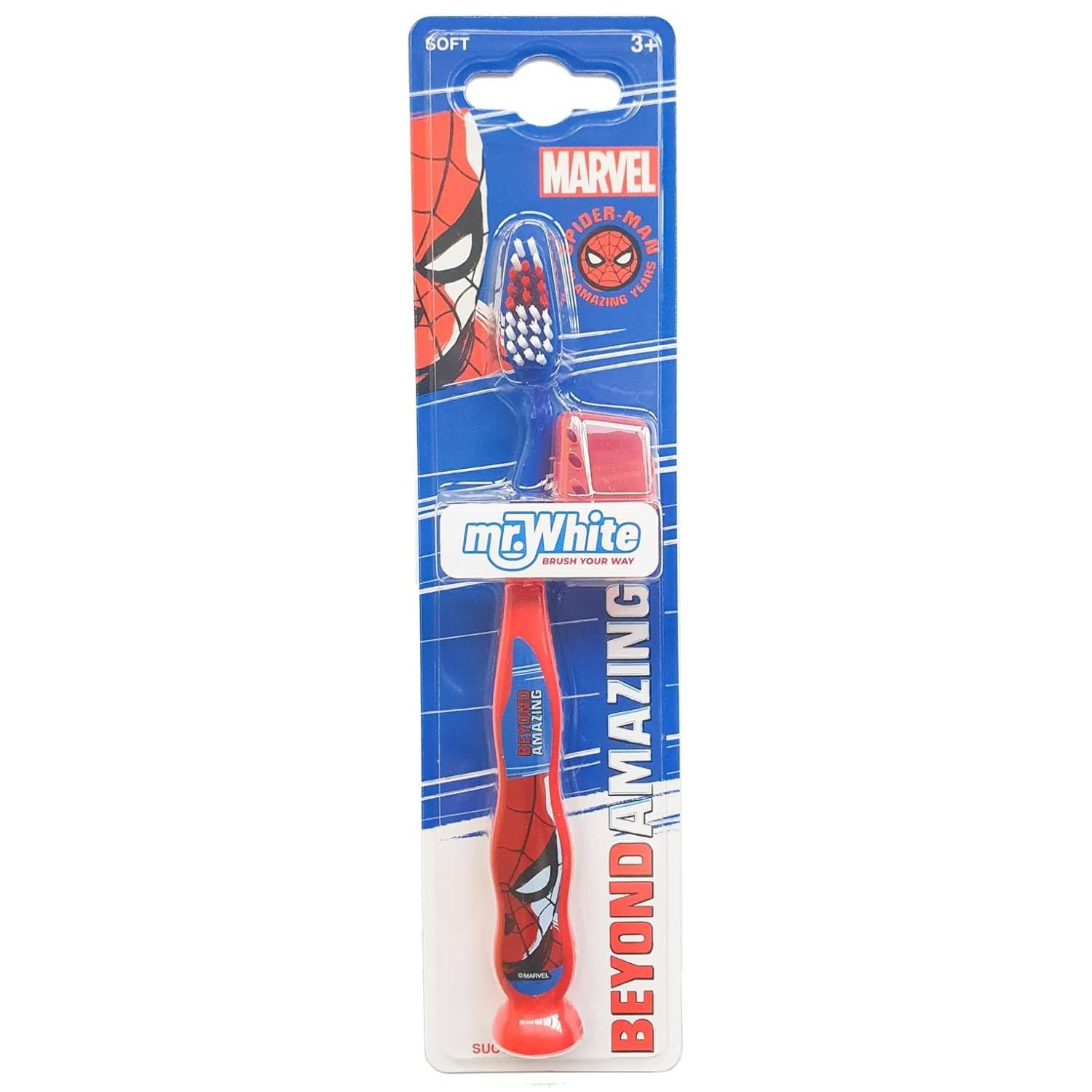 Spiderman szczoteczka do zębów z nasadką ochronną, przyssawką, wygodnym uchwytem i miękkim włosiem dla dzieci