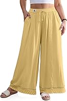 TARSE Women's Linen Wide Leg Boho Pants with Lace Trim, Pockets - Flowy Beach Lounge Summer Vacation Pants