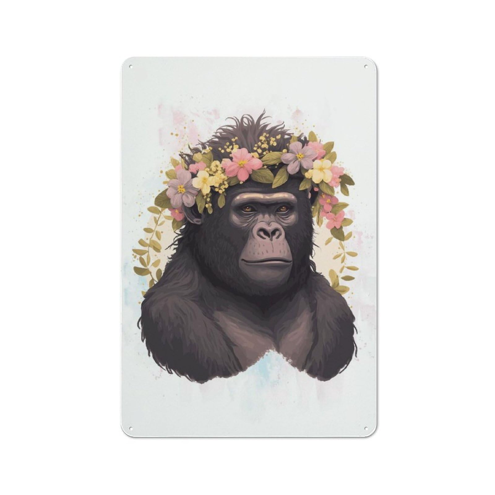 Metal Wall Sign 30x20cm Featuring Flower Gorilla Watercolor for Café Or Home Bar, for Metal Sign Collectors, for Garage And Workshop Walls