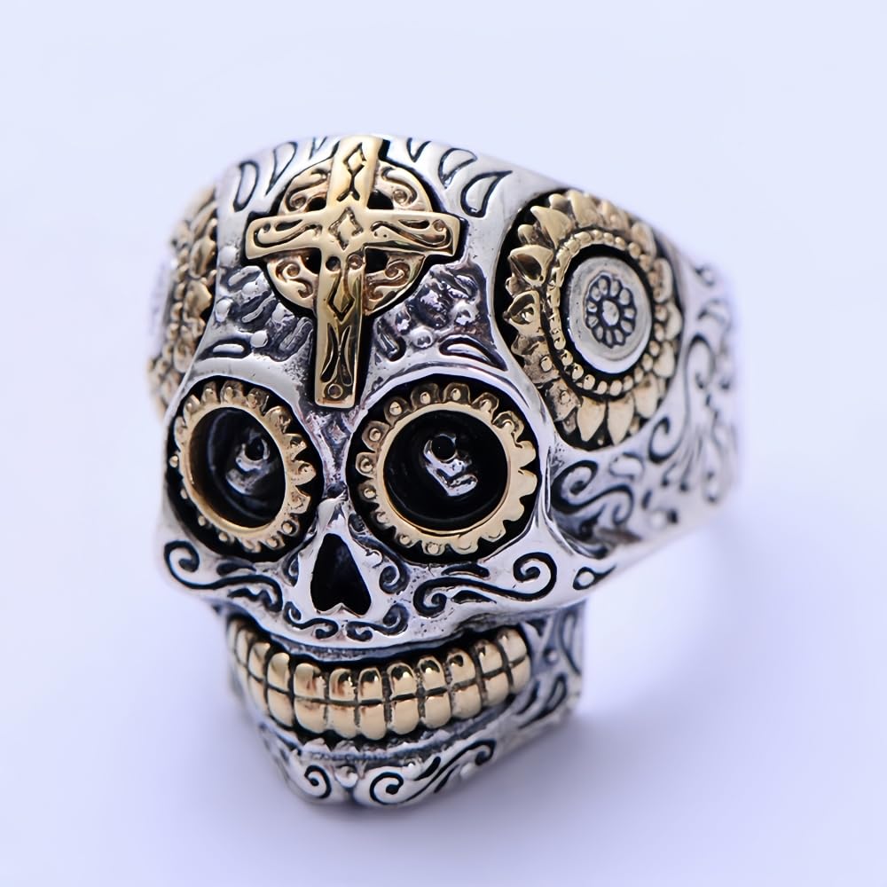 Zweifarbig Echt 925 Sterling Silber Mexikanischer Zucker Totenkopf Ring Gothic Biker Schädel Schmuck für Herren Damen Größe 57-70