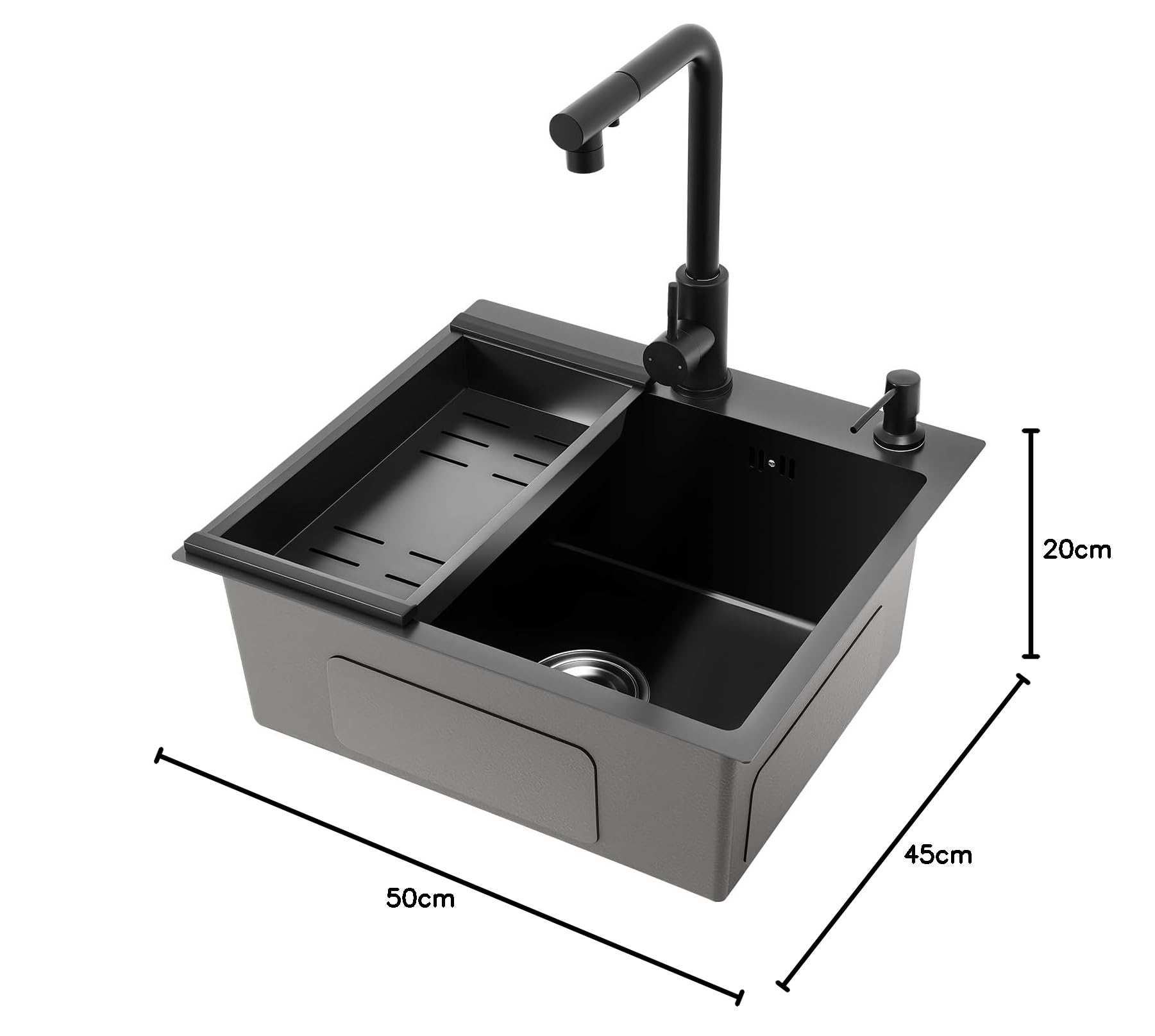 Fregadero de cocina, 50 x 45 x 20 cm, de acero inoxidable, negro, con grifo extraíble, escurridor, escurridor y dispensador de jabón, para hogares, restaurantes, lavandería