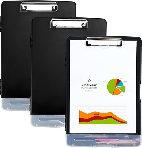 Miniatura 1 de POUYRBA Portapapeles con almacenamiento, 3 portapapeles de plástico negro con almacenamiento y soporte para bolígrafo, tableros de clip de alta