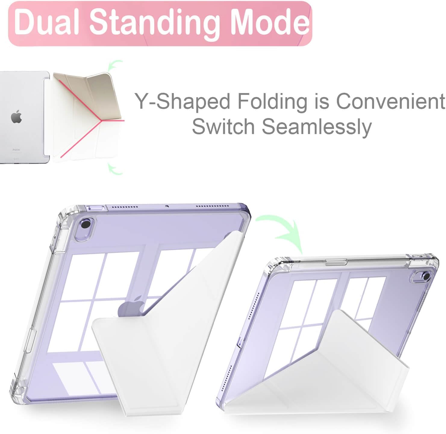 Feams Y Fold Case for iPad Air 11-inch M3 2025 / M2 2024, iPad Air 5th/4th Generation 2022/2020 10.9 Inch Y-Shaped Standing Case Clear Back with Landscape Portrait Mode Pencil Holder, Pink - Image 5