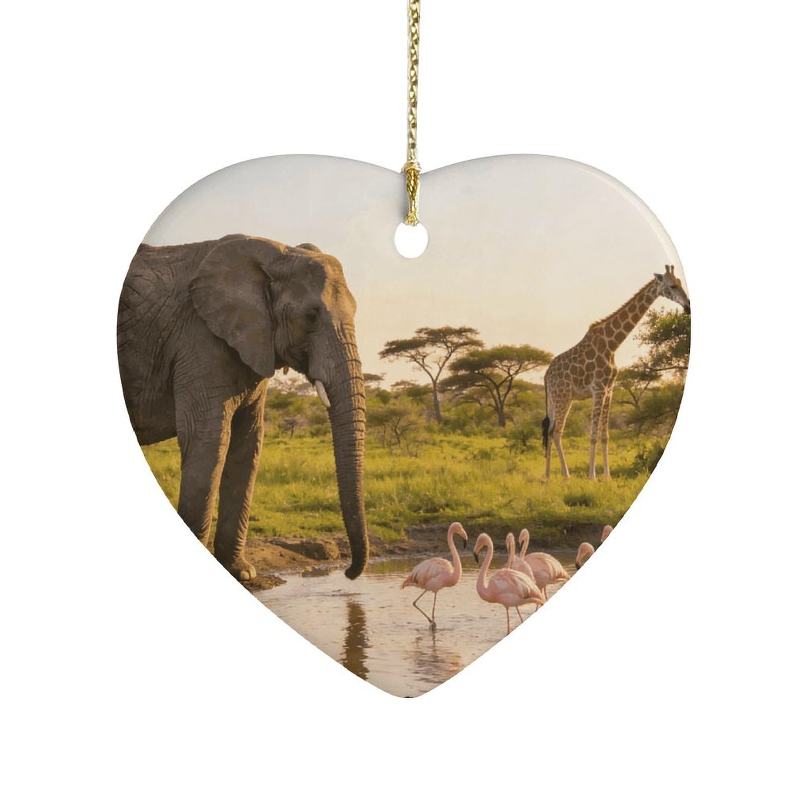 Khauerbc Style Elephant, Flamingo, Giraffeheart Shaped Ceramic Ornament With String,Ceramic Ornament,Two-Sided Printed For Christmas Tree And Holiday Decoration
