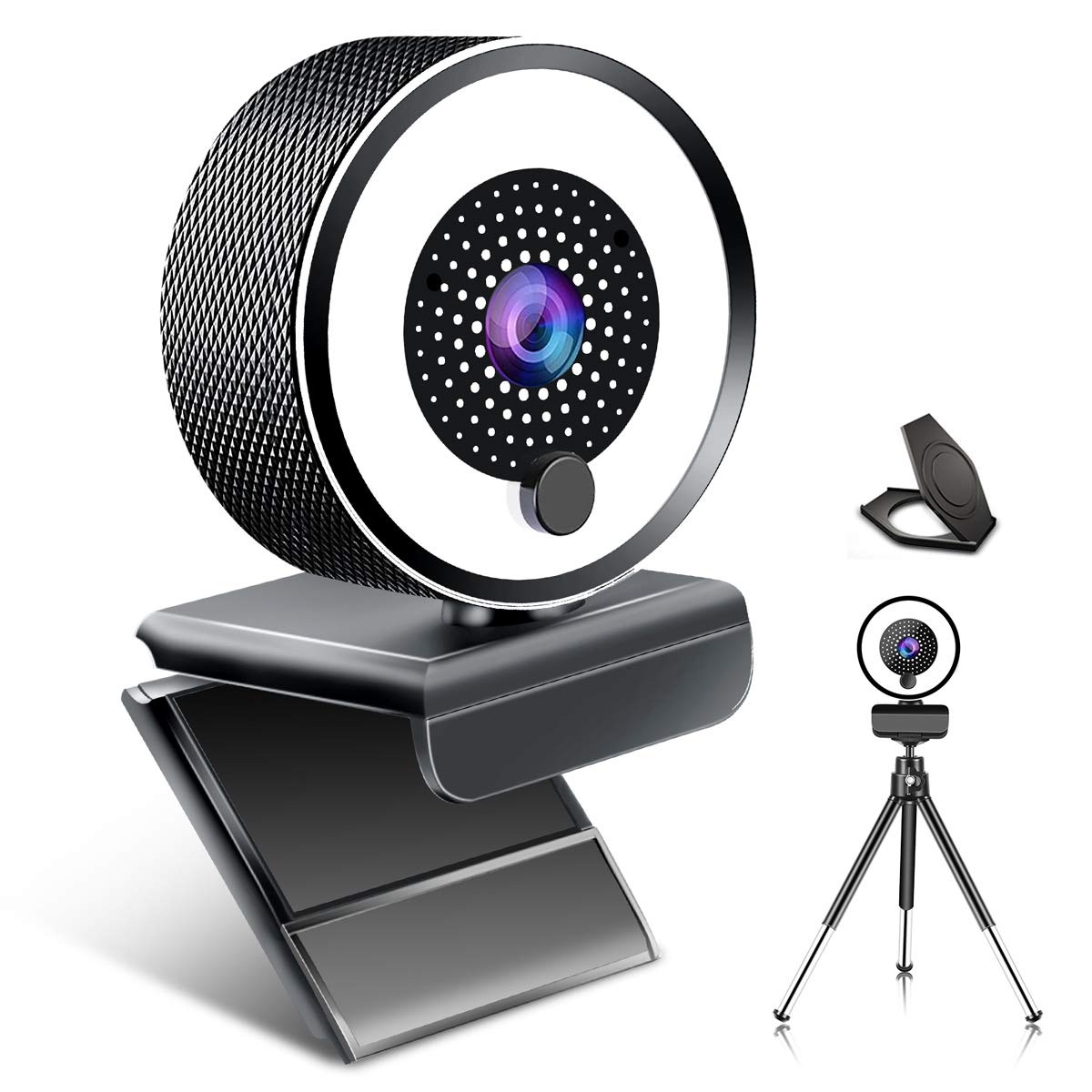 2K FHD Webcam with Ring Light and Microphone, Plug and Play Computer Web Camera, Auto-Focus Adjustable Brightness, Privacy Protection, USB Streaming Webcam for Zoom Skype PC Mac Laptop Desktop