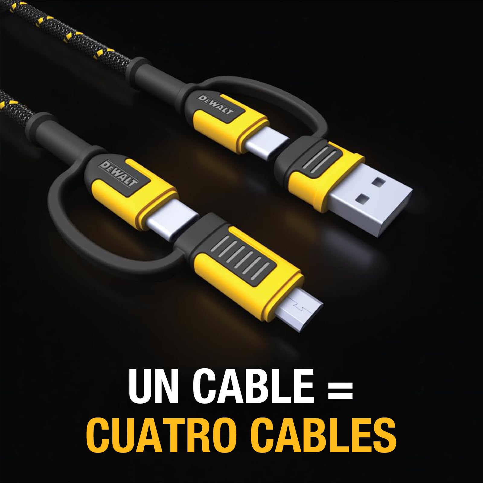 DEWALT Heavy Duty Cable 4-en-1 USB C/Micro USB/USB-A, Cable de Carga para iPhone 17/16/15, iPad, Samsung Galaxy y Android, Cable USB-C Todo en Uno 1,8 m Kevlar (Negro)