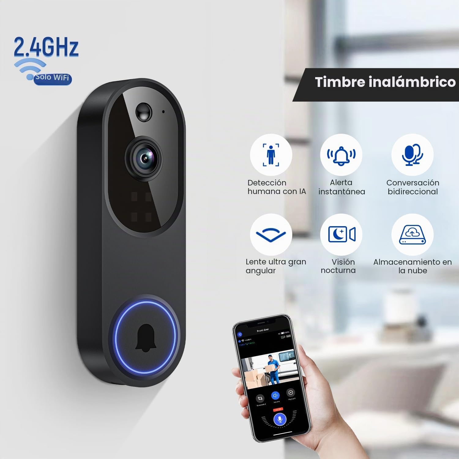 Cámara inalámbrica con timbre de video WiFi con receptor de timbre, detección humana de IA, conversación bidireccional, Wi-Fi de 2.4G, funciona con pilas, almacenamiento en la nube