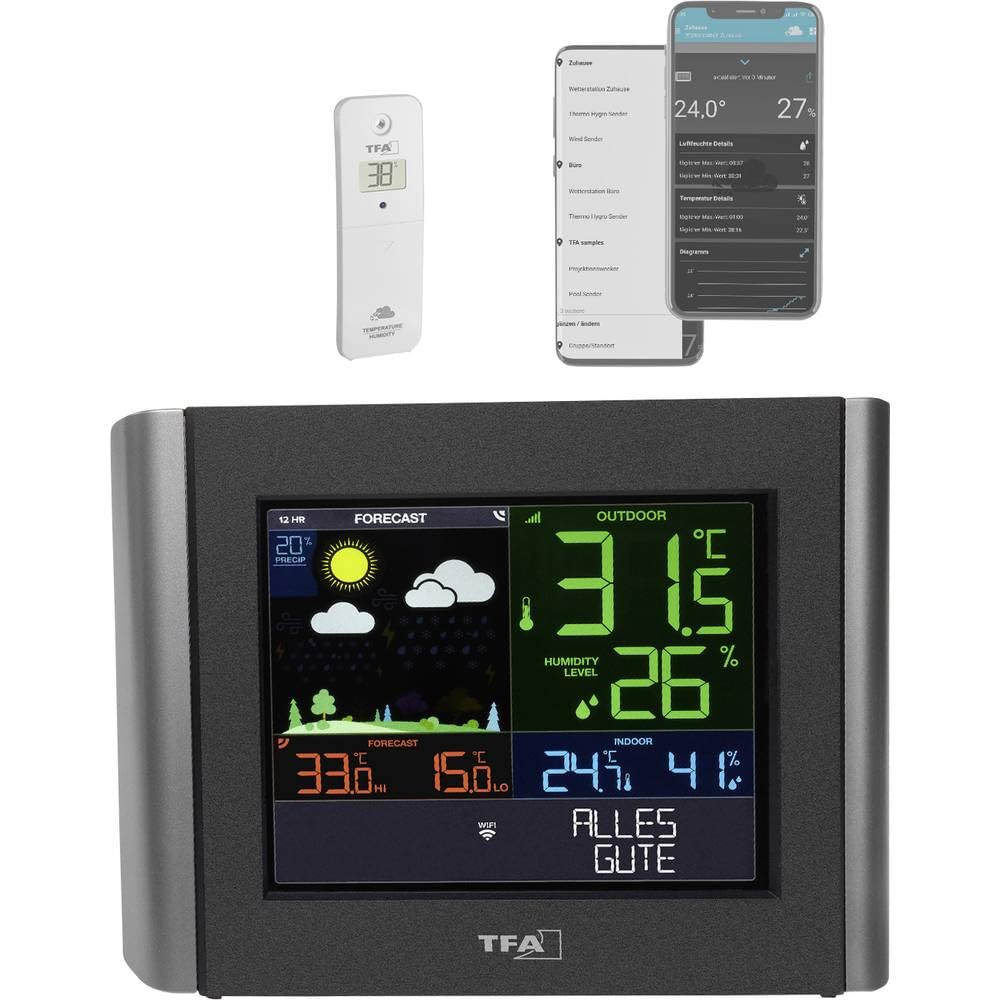 TFA Dostmann WLAN Wetterstation Meteo, 35.8000.01, Profi-Wettervorhersage, kostenlose View App, einstellbare Alarme, Taupunkt, Hitzeindex, schwarz, (L) 197 x (B) 32 (85) x (H) 163 mm