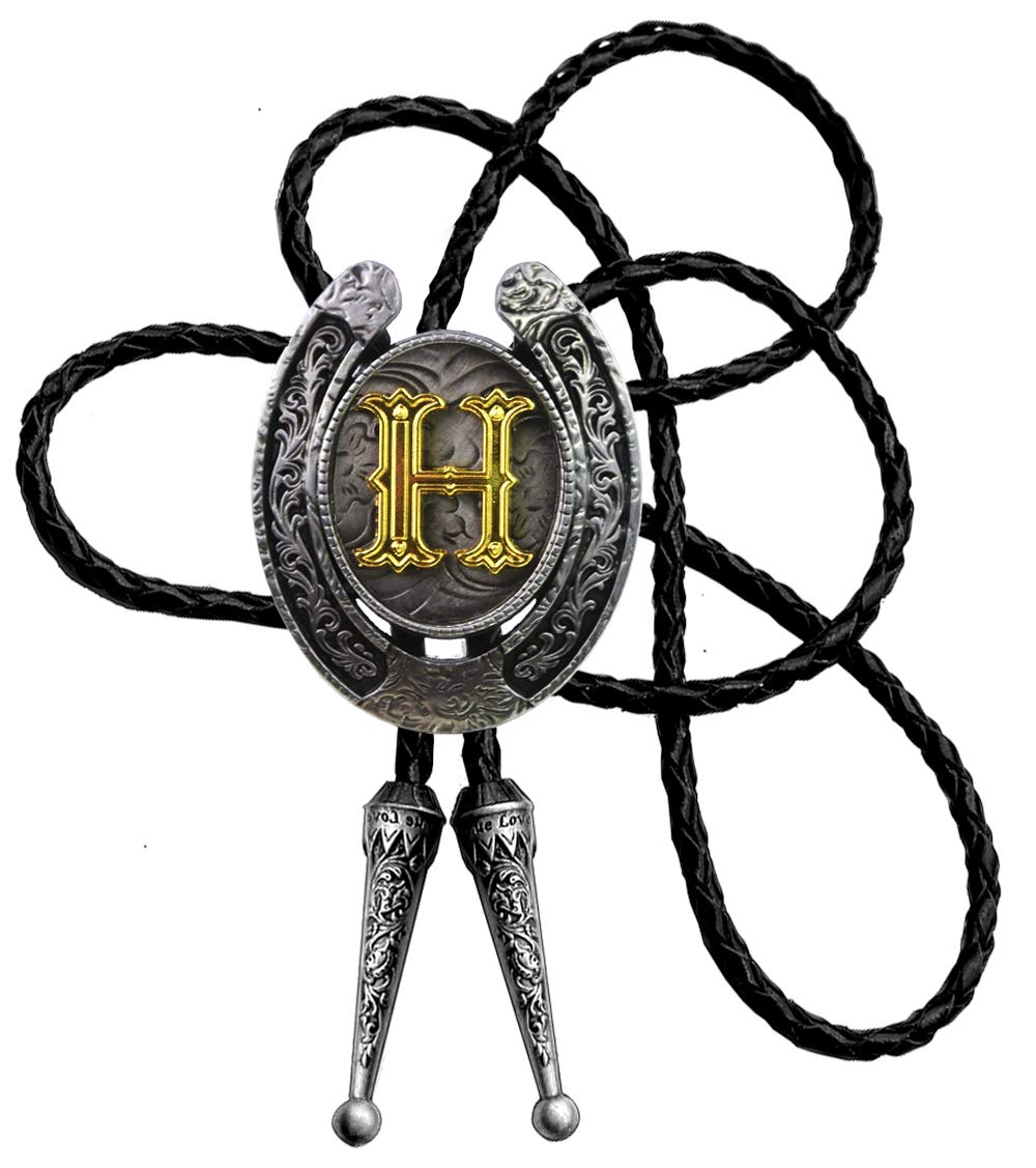 Moranse Unisex H Bolo Tie Golden Initial Letter A To Z In Western Cowboy Orseshoe Style Wit Cowhide Rope Necktie,