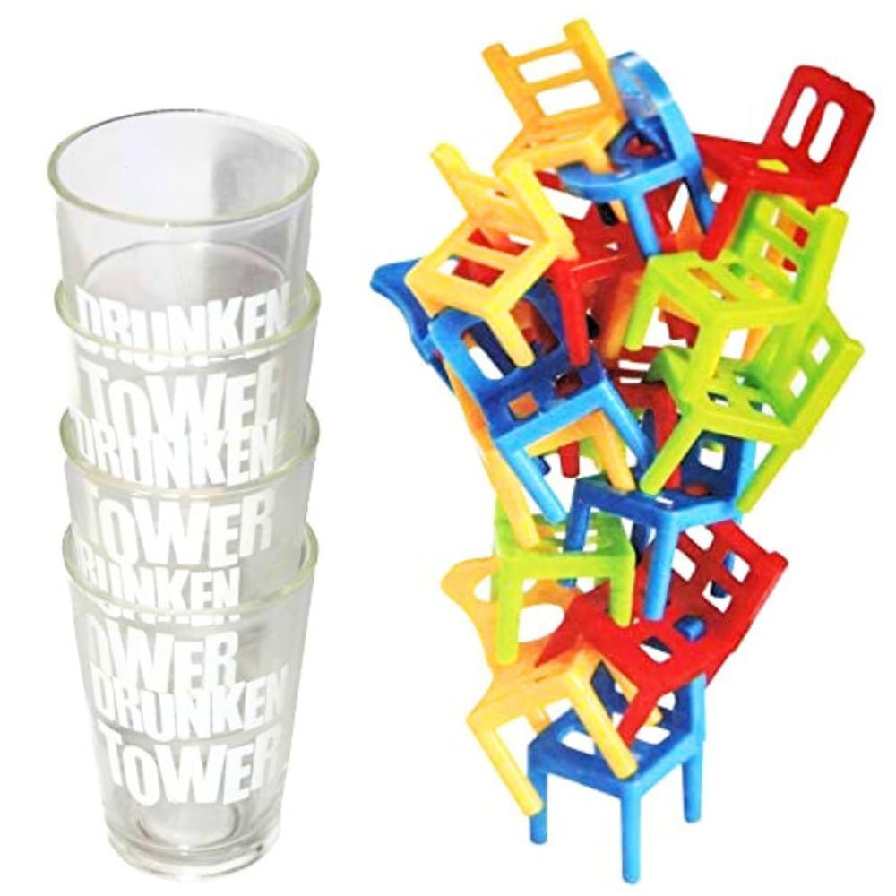 Se7en Drunken Tower Drinking Game 18 Pieces Chairs and 4 Shot Glasses Set, Stacking Balancing Party Game