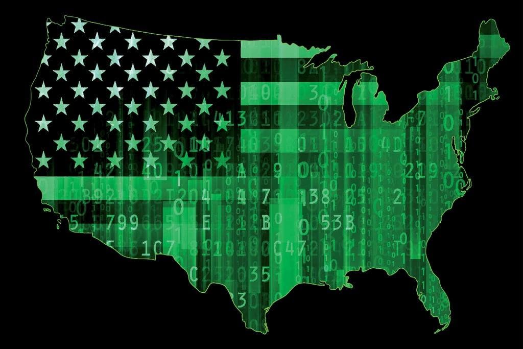 Cyber Security USA Map Digital Map with Cities in Detail Illustration Technology American Flag Cool Wall Art Print Poster 36x24