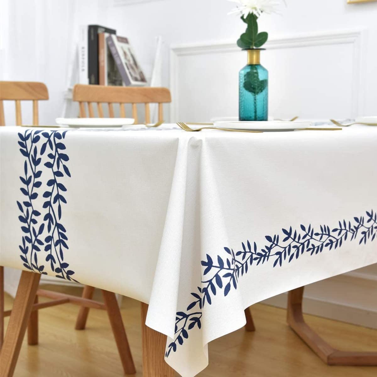 Atariya Cotton Dining Tablecloth for 4 Seater (Blue Leaf, Size - 56" W X 60" L)