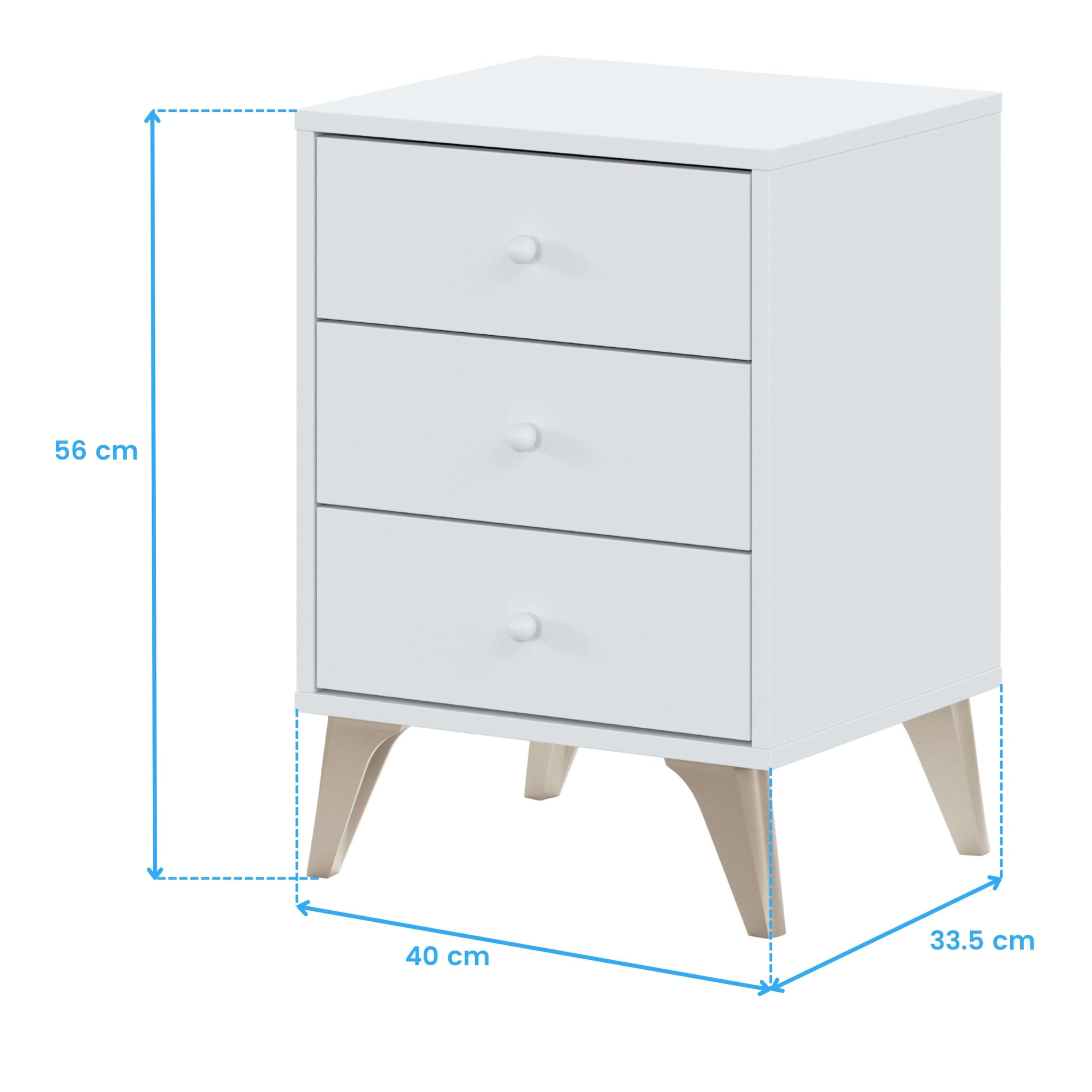 Habitdesign – Mesita de Noche con 3 Cajones y Patas, Color Blanco Artik, 56x40x33,5 cm – Modelo Sweet