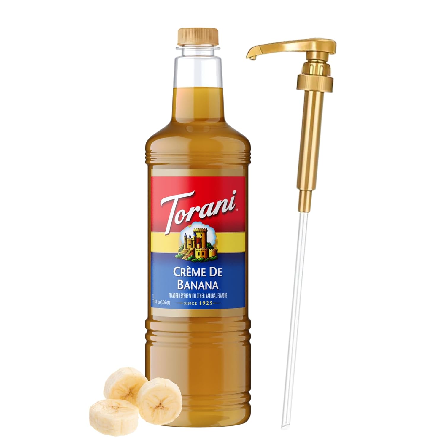 Torani Crème De Banana Syrup 1 Liter Bottle with Pump – Premium Banana Flavoring with Pure Cane Sugar & Natural Ingredients for Coffee, Cocktails, Desserts, Smoothies & More
