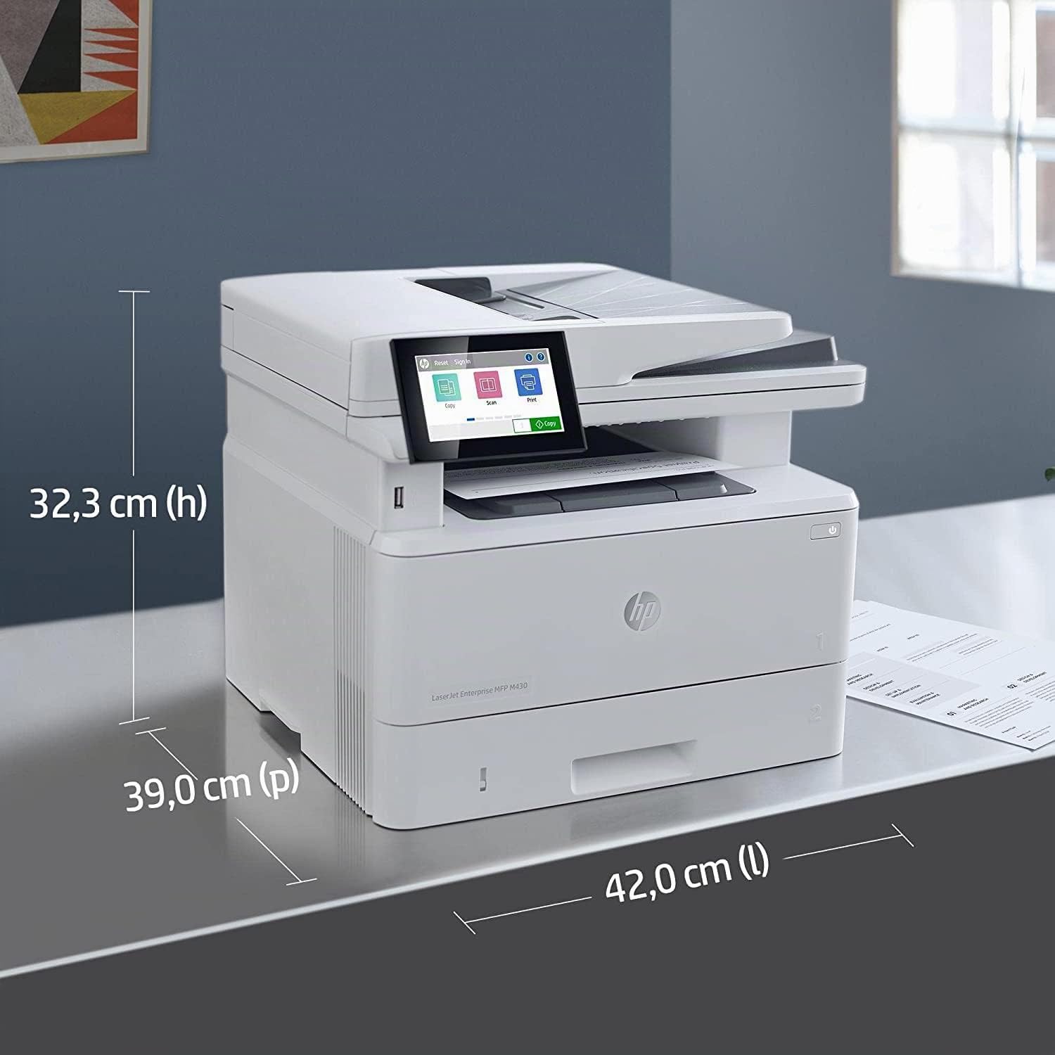 HP LaserJet Enterprise M430f 3PZ55A, Stampante Multifunzione A4, Stampa Fronte e Retro Automatico in b/n, 40 ppm, Copia, Scansiona, Fax, Ethernet, USB 2.0, ADF, HP Smart, Schermo Touch LCD, Bianca