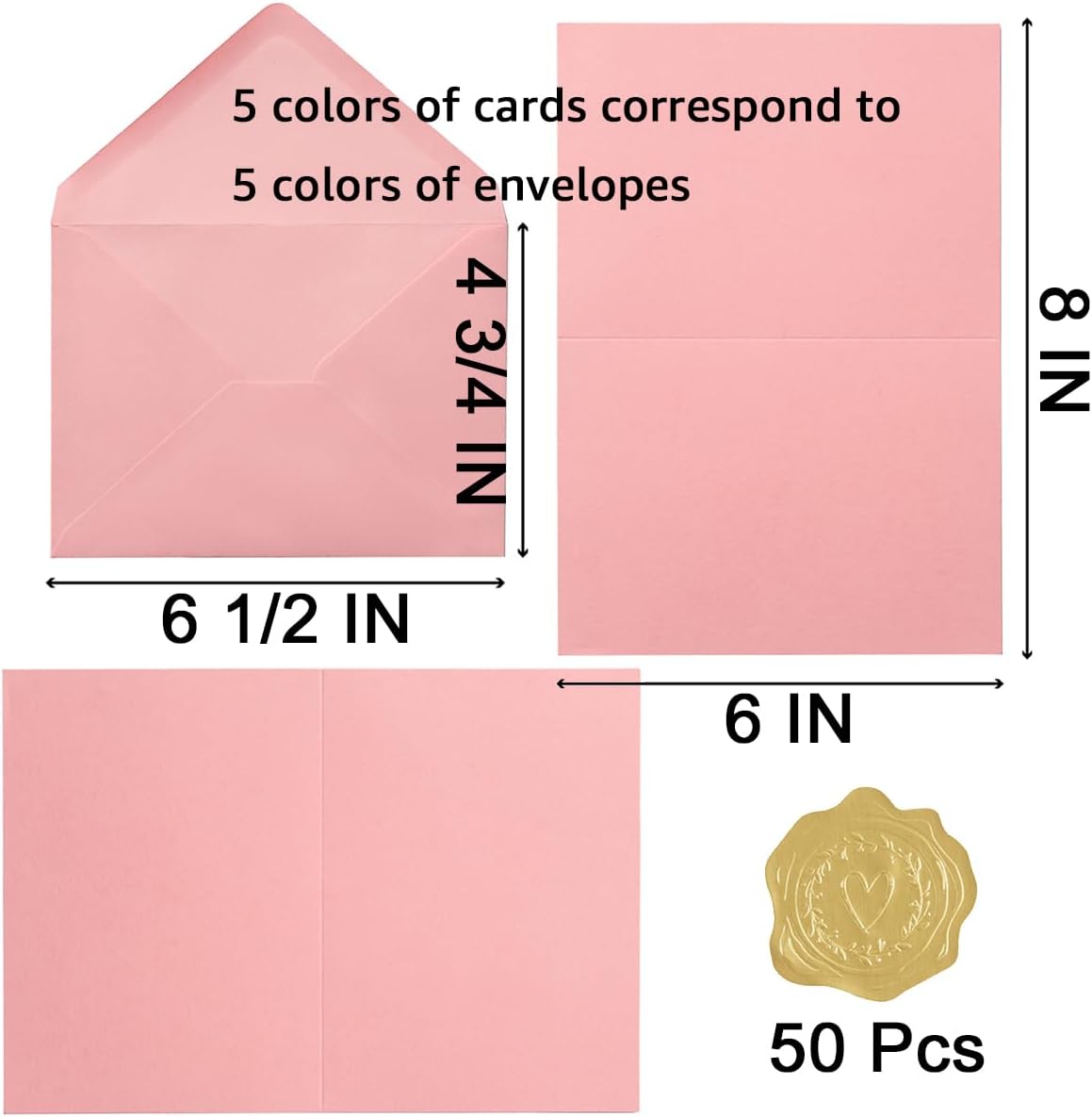 50 Pack Pink A6 Envelopes with Blank Cards Set, Envelopes 5 Colors with 4x6 Cardstock and Gold Stickers for Wedding Invitations (Pink, 4x6) - Image 2