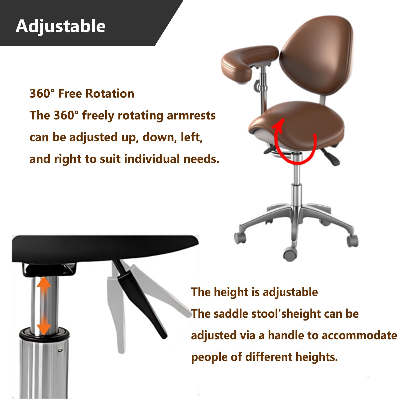 Taburete de sillín con soporte para la espalda y reposabrazos giratorios 360°, ergonómico y ajustable para tatuajes dentales
