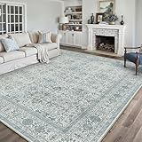 PureCozy Vintage Area Rug 9x12 Blue Washable Living Room Large Carpet Non Slip Bedroom Indoor Office Low Pile Traditional Distressed Retro Accent Rug for Dining Room