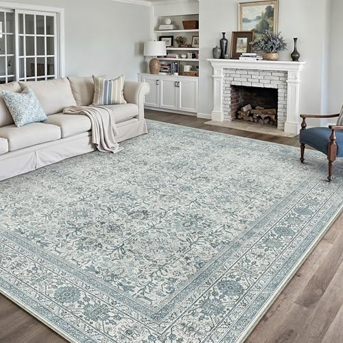 PureCozy Vintage Area Rug 9x12 Beige Washable Living Room Large Carpet Non Slip Bedroom Indoor Office Low Pile Traditional Distressed Retro Accent Rug for Dining Room 9' x 12' (Rectangular)