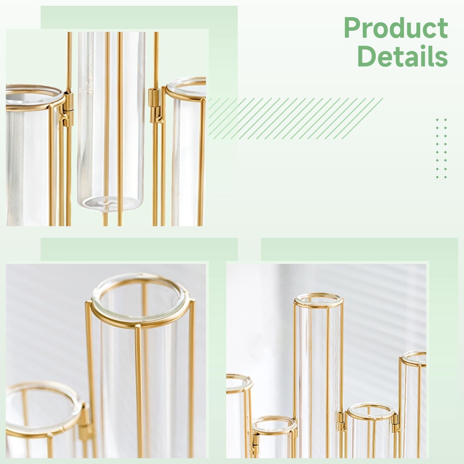 Vase tube à essai en métal doré avec 5 tubes en verre et cadre en fer pliable pour décoration élégante de la maison et du balcon