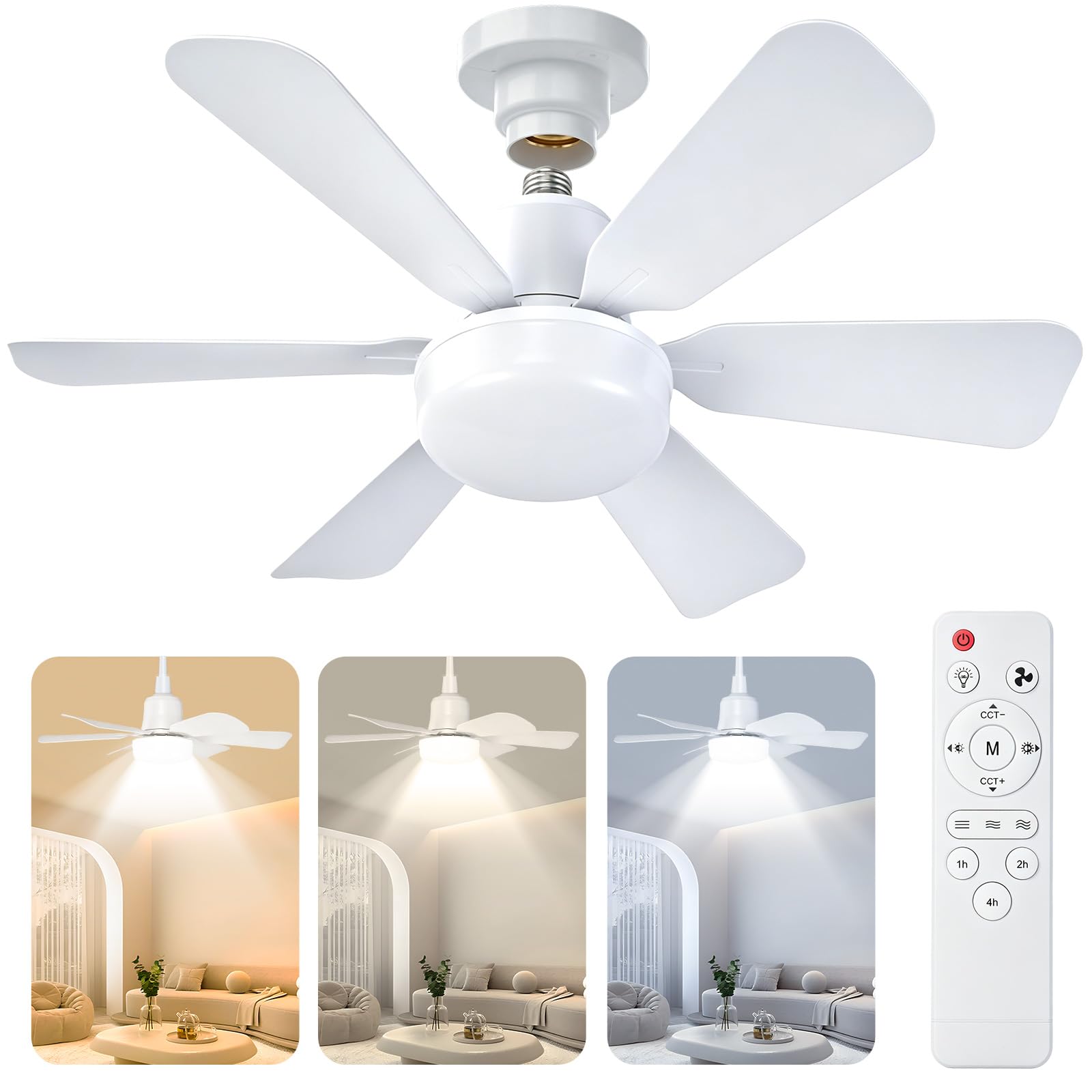 Ventilateur de Plafond avec Lumière, E27 Silencieux Ventilateur Plafond 52cm/20.5inch Dimmable avec LED Lampe Télécommande, Minuteur, 3 Vitesses, 6 Pales pour Chambre Salon Cuisine