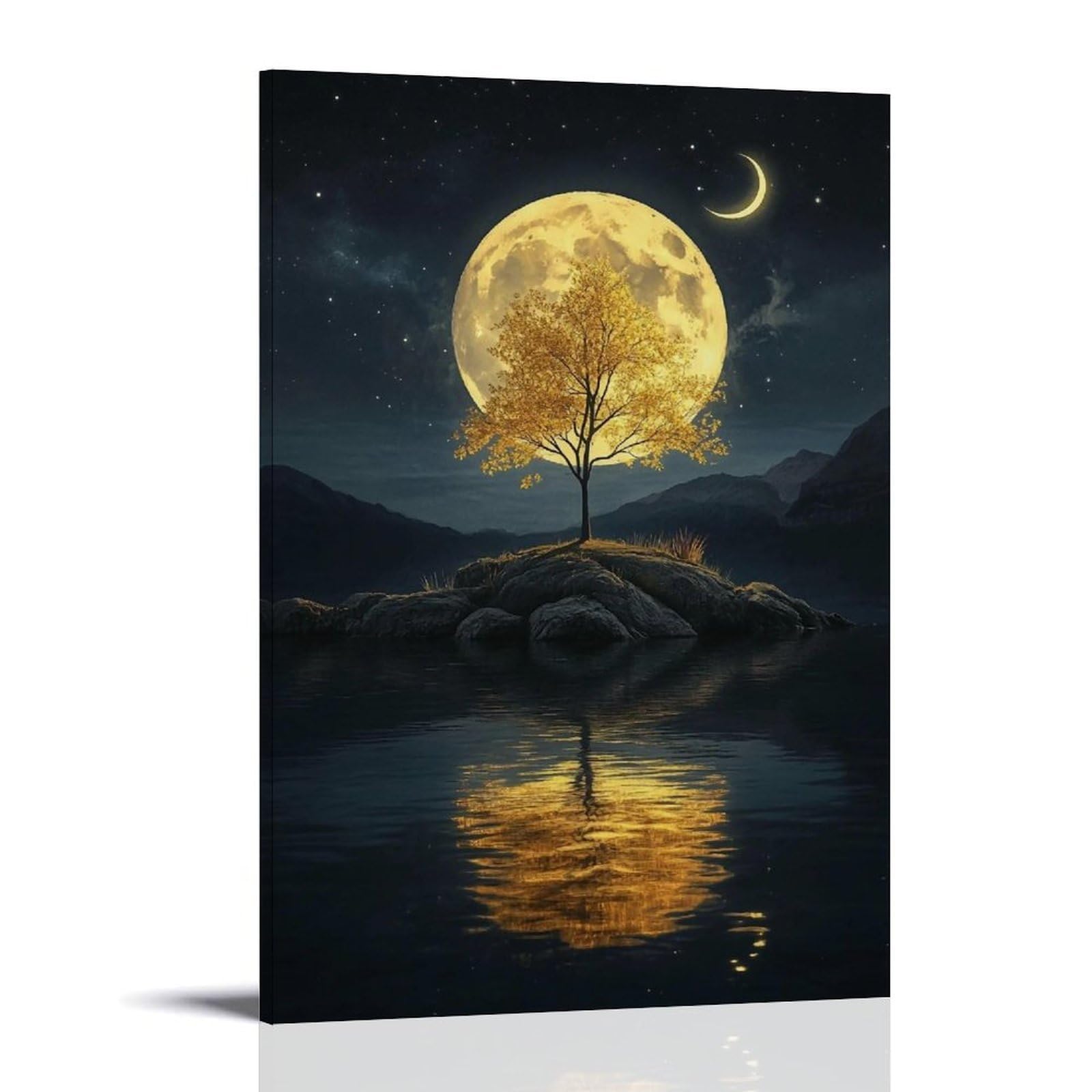 HUERYRYHY Tree Between Two Moons 01 Poster Wall Art Canvas Vintage Aesthetic Painting Decor for Rooms 24x36inch Frame-style