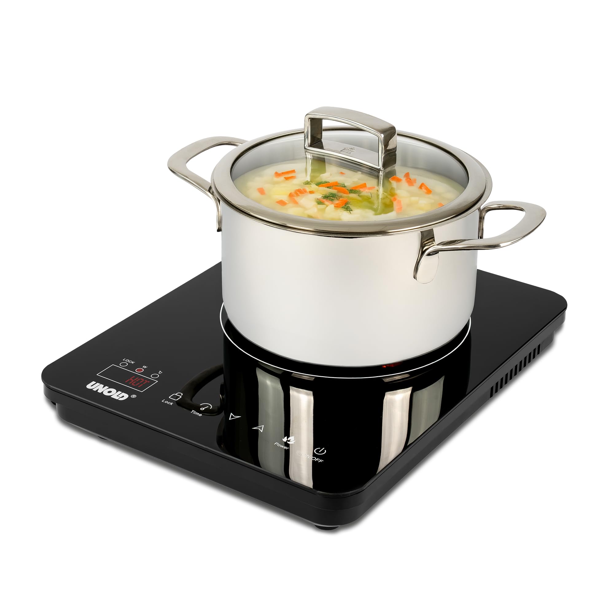 UNOLD Induktionskochplatte Ina – 2.000 W Power, 10 Leistungsstufen & 180-Min.-Timer – Mobile Glaskeramik-Kochplatte für Küche, Büro & Outdoor