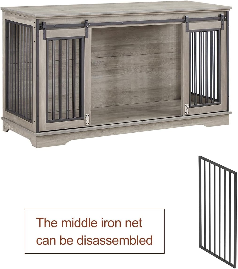IchbinGo Large Wooden Dog Crate Furniture with Sliding Barn Door, 60.6" Indoor Kennel with Divider, TV Stand XXL for Large Dog or 2 Medium Dogs