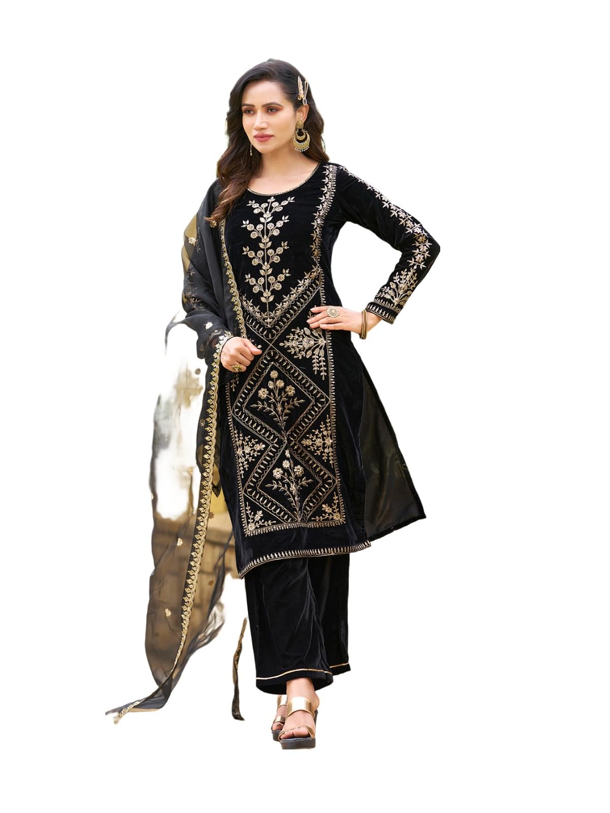 Sanisa Women's Velvet Embroidery Straight Kurta With Pant And Embroidery Dupatta (90Kbd994Nz-M_Black)