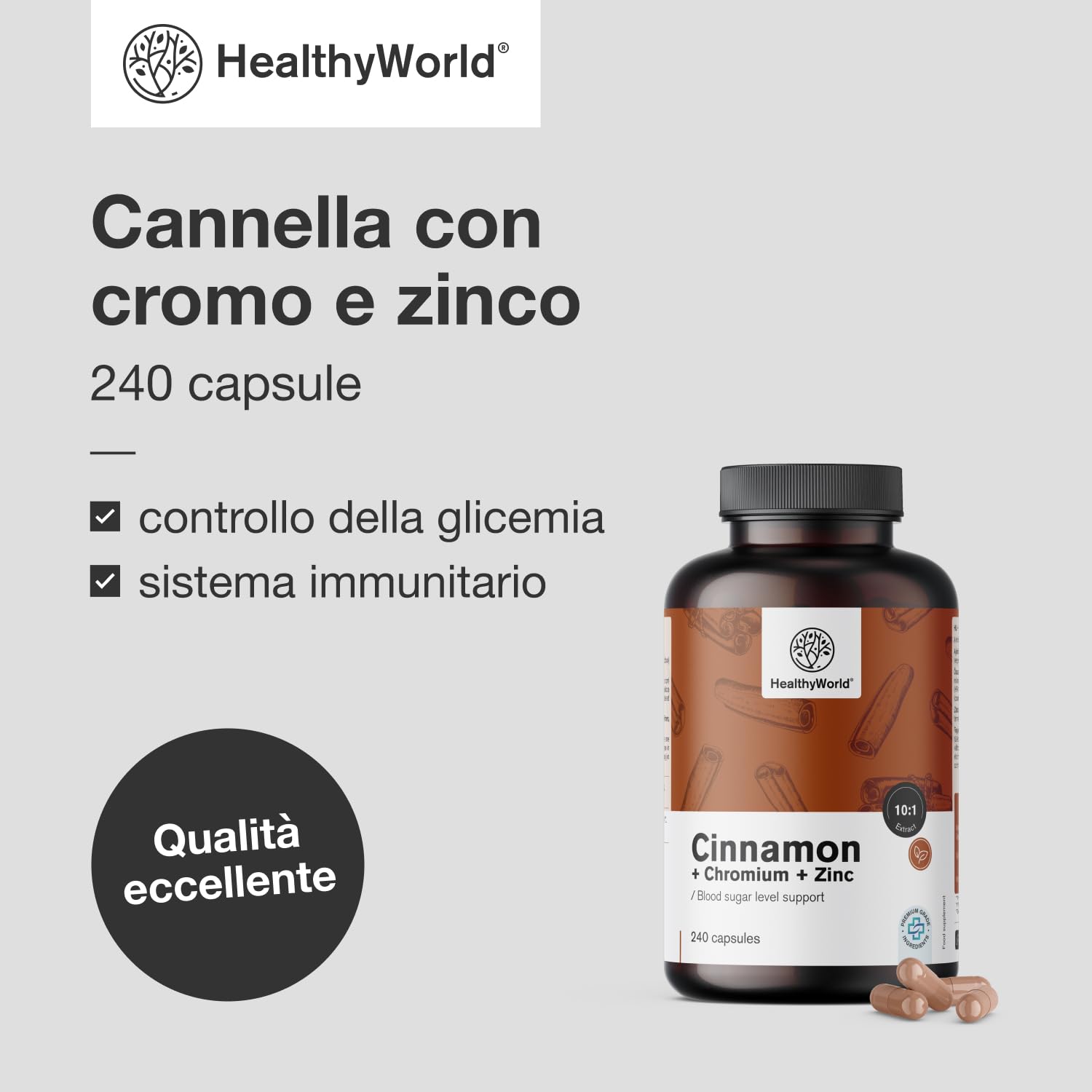 HealthyWorld® Cannella con Cromo e Zinco - 240 Capsule Vegetali - Vegetariano - Dose Elevata - Fornitura per 4 mesi - Qualità Premium - Tre Principi Attivi - Gestione degli Zuccheri nel Sangue